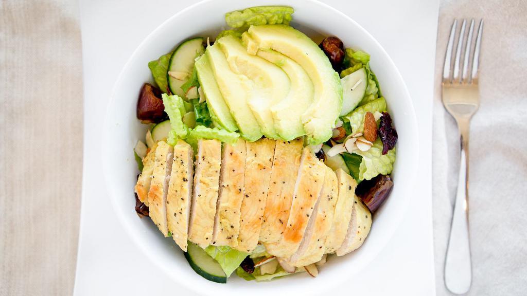 Cali Chicken Salad · avocado, grilled chicken breast, cucumber, romaine lettuce, date, dried cranberry, almond, red wine vinaigrette.