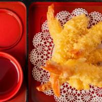 Shrimp Tempura (5) · Tempura battered shrimp served with tempura dipping sauce.
