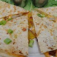 Quesadilla · Cheddar Jack cheese with sauteed peppers and onions. Served with salsa and sour cream.