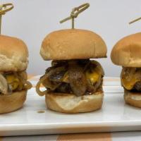 Burger Sliders · 3 Burger sliders - topped with American cheese, sautéed onions and
mushrooms.