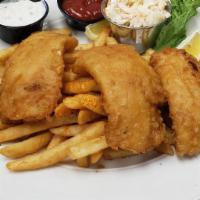 Fish And Chips · Yuengling beer-battered cod served over fries served with tartar sauce and ketchup.