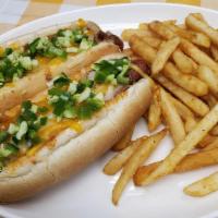 Chili Cheese Dogs · Two dogs topped with Finnegan's Chili and cheddar cheese and served with fresh diced Jalapen...