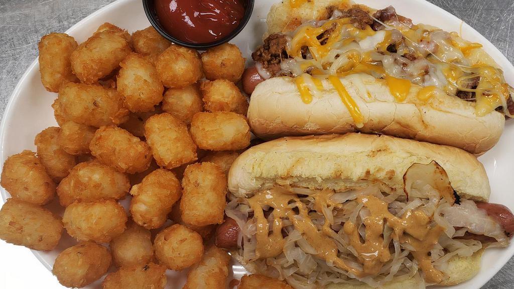 Combo Dogs · One Chili Cheese Dog and One New York Dog.  Served with your choice of our house-made chips, or french fries or tots.