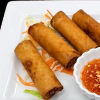 1 Thai Eggroll (4) · Crispy filled with pork, crystal noodles, carrots and onions. Served with sweet and sour sau...
