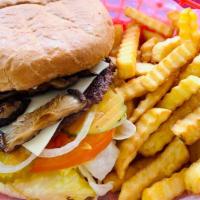 Mushroom Burger Basket · ⅓ lb Beef Patty with Grilled Portobello Mushrooms, Mayo, Mustard, Lettuce, Tomato, Pickles a...