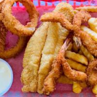 Fish Fillet & 3 Shrimp Platter · Fried Catfish Fillet and 3 Golden Fried Shrimp on a Bed of Fries with Onion Ring, Toast and ...