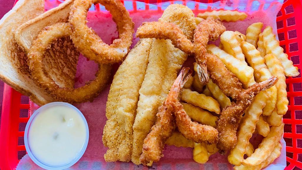 Fish Fillet & 3 Shrimp Platter · Fried Catfish Fillet and 3 Golden Fried Shrimp on a Bed of Fries with Onion Ring, Toast and Tartar Sauce.