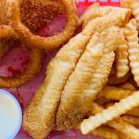 Fish Fillet Platter · Hand Battered Fried Catfish Fillet on a Bed of Fries with Onion Ring, Toast and Tartar Sauce.