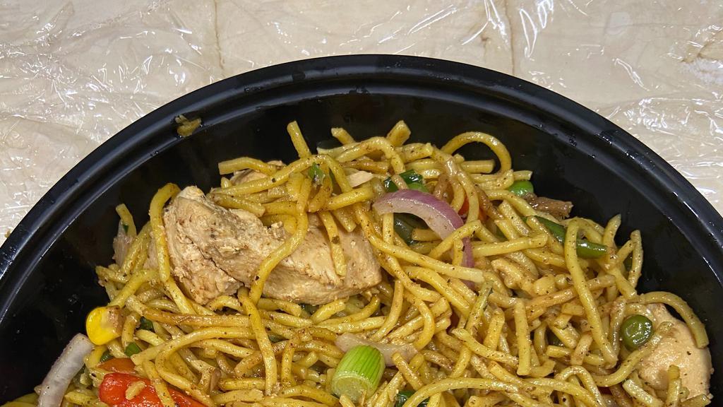 Chicken Lo Mein · Lo mein soft noodles, sauteed in vegetables, Chinese & Caribbean herbs & spices with chicken breast.