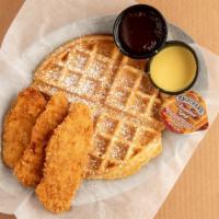 Chicken And Waffles · New. Served with Powdered Sugar, Maple Syrup and Butter