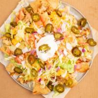 Nachos With Cheese · Topped with Lettuce Red Onion Tomatoes Jalapenos and Sour Cream