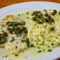 Chicken Picatta · Lemon white wine sauce and capers, served with lemon infused angel nair pasta.
