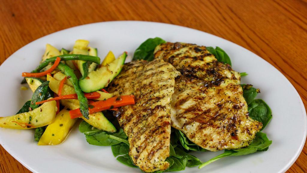 Italian Lemon Pepper Grilled Chicken · Served with fresh spinach and vegetable medley.