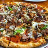 Naples Special · Italian sausage, pepperoni, green pepper, extra cheese, onions, meatball garlic, bacon, mush...