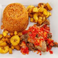 Jellof Rice And Spicy Chicken With Side Plantains   · 