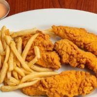 Chicken Tenders · Boneless breast strips dipped in house made batter and deep fried served with fries.