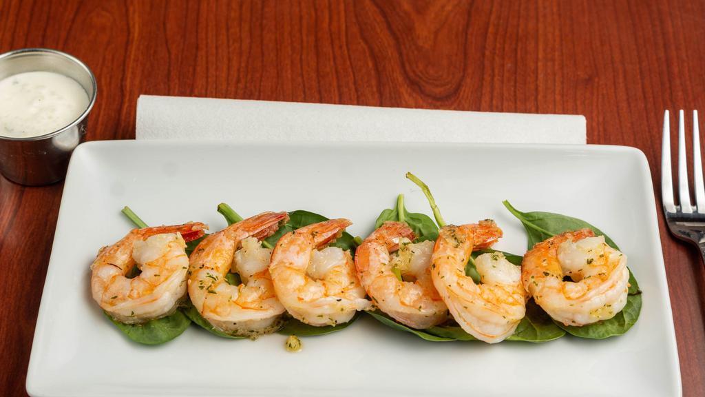 Signature Grilled Shrimp · Two grilled shrimp skewers with a butter garlic a glaze. Served with lemon comes with salad.