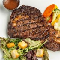 Ribeye Steak 16 Oz · Well-marbled, juicy and savory, seasoned and seared. Served with a choice of freshly made si...