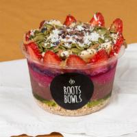 Roots Bowl · Açai, Pitaya, Organic White COCO, Fat Free Granola, strawberries, banana and blueberries. To...