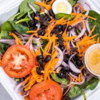 Spinach Salad · Spinach with onions, tomatoes, carrots, black olives, eggs, green pepper.