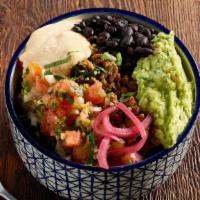 Make It A Bowl (No Tortilla Gf) · Burrito bowl filled with black beans, spanish rice, and choice of protein or vegetables