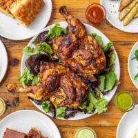 Chicken Family Meal · Serves four. A whole roasted chicken, served with four large sides, four sauces, and four pi...