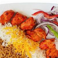 Chicken Kabob Platter · Boneless chicken breast, marinated in special herbs and spices, char-grilled.