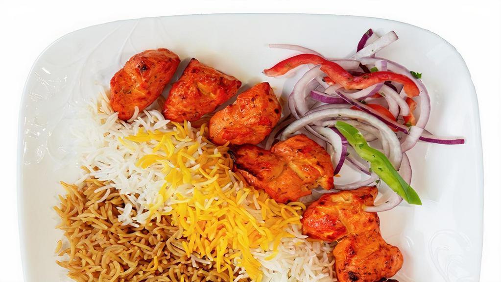 Chicken Kabob Platter · Boneless chicken breast, marinated in special herbs and spices, char-grilled.