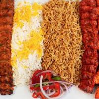 Combo Platter For 4 · Skewer of chicken kabob, a skewer of lamb or beef kabob, 2 skewers of chicken kofta and 2 sk...