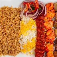 Combo Platter For 3 · Skewer of chicken kabob, a skewer of lamb or beef kabob, a skewer of chicken kofta, and a sk...
