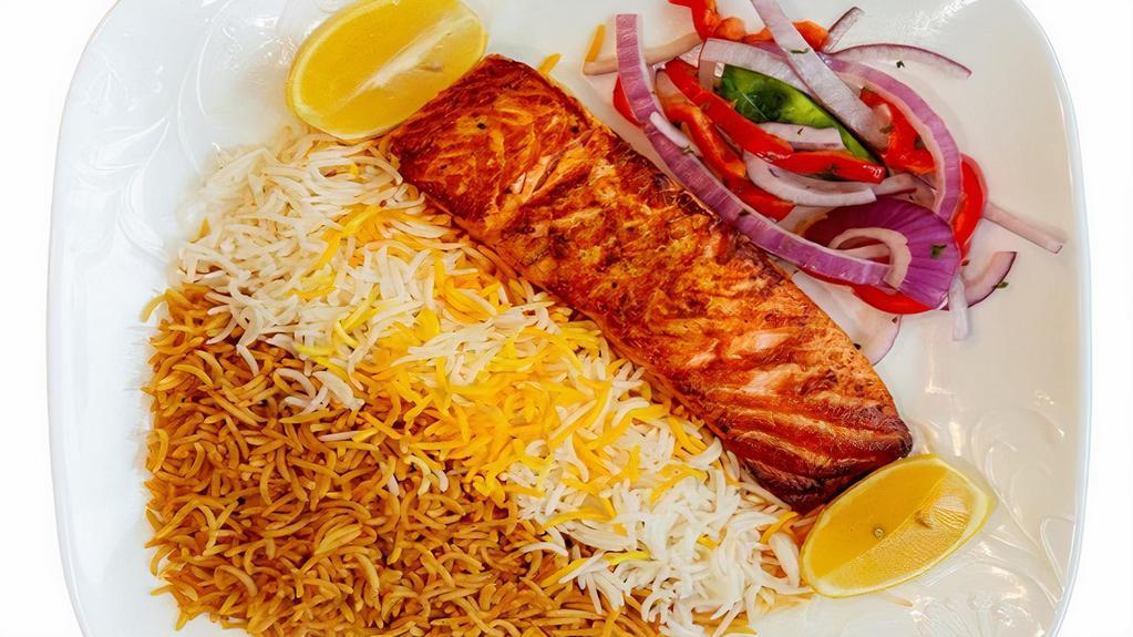 Salmon Kabob Platter · Fresh wild Atlantic salmon fillet, marinated in special herbs and spices, char-grilled.