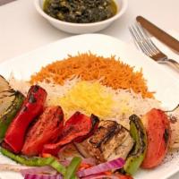 Veggie Kabob Platter · Char-grilled tomatoes, onions, green peppers, and eggplant, served with rice.