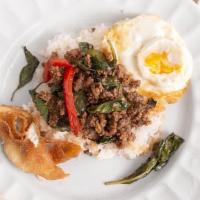 Gaprow · Chopped chicken, pork, or beef with bell peppers & garlic in a basil sauce with a fried egg ...