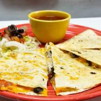 Chicken Quesadilla · Flour tortilla stuffed with roasted chicken, five cheese blend, cheddar cheese, pico de gall...