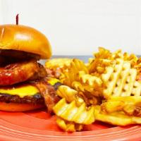 Western Bacon Burger · Cheddar Cheese, bourbon barbeque sauce and onion rings