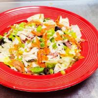 Italian Chef Salad · Fresh greens tossed with carrots, pepperoncini's, black olives and five cheese blend.  Toppe...
