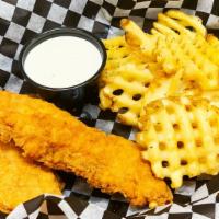 Kids Chicken Strip Basket · Served with waffle fries and BBQ sauce.