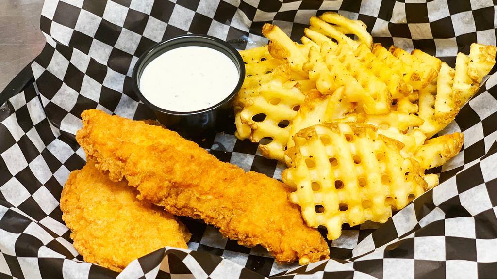 Kids Chicken Strip Basket · Served with waffle fries and BBQ sauce.