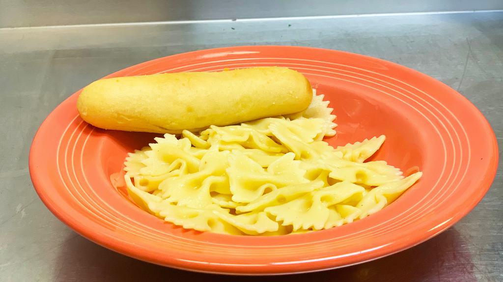 Kids Noodles · Choice of Butter, Marinara or Alfredo sauce and served with a breadstick. (Marinara and Alfredo are topped with shredded parmesan cheese)