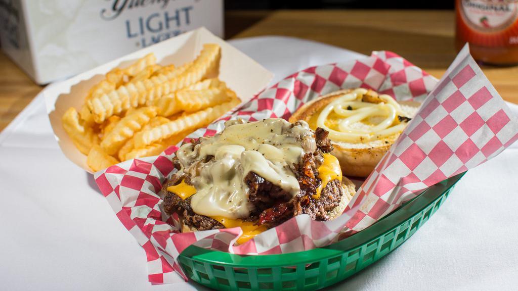 The Philly Fatboy · Also called the Philly burger, this half pound 100% beef patty is smothered with Philly steak, cheese, grilled onions and peppers along with mayo. 