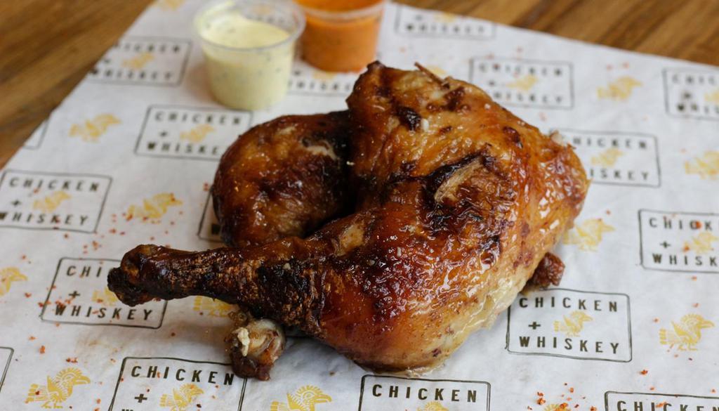 1/2 Chicken Dark · South American rotisserie chicken brined for 12 hours and slow cooked over wood charcoal to 185 degrees. Served with housemade inti picante and aji amarillo sauce and choice of 2 sides. Gluten friendly.