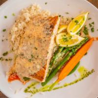 Salmon · Served with rice pilaf &
vegetables of the day
