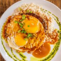 Loco Moco · Two scoops of rice, hamburger
steak & two eggs topped with gravy