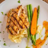 Grilled Or Garlic Chicken  · Served with real mashed
potatoes & vegetables of the day