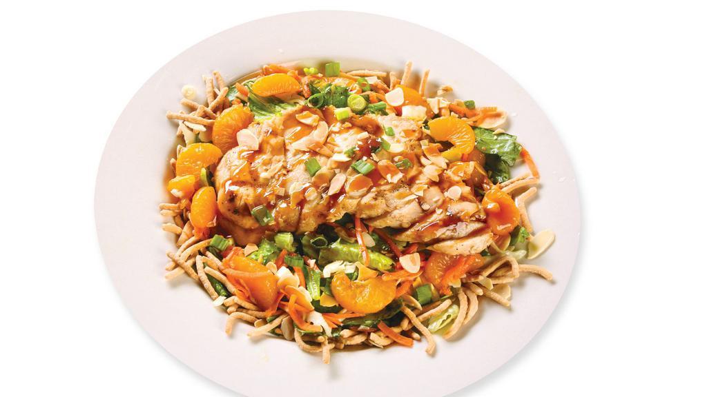Chinese Chicken Salad · Grilled Chinese chicken, shredded cabbage, greens and carrots, tossed with sesame vinaigrette and topped with toasted almonds, wonton strips, and mandarin oranges. Served with cut green blend and dressings.