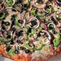 Vegetarian · Mushrooms, red onion, green peppers, black olives.