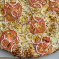 Traditional White · Garlic sauce, mozzarella, grated parmesan cheese, sliced tomatoes, onions.