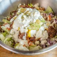 Pinpoint Burger Salad · Burger, egg, bacon, chopped romaine tomatoes, blue cheese, onions, avocados.