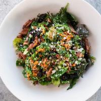 Brussels Sprouts Salad · Kale, romaine, Brussels sprouts, manchego, spicy marcona almonds, bacon, dried cherries with...