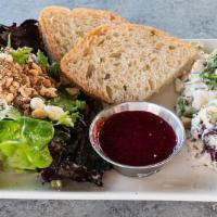 1/2 Raspberry Chicken Salad · Organic chicken salad with pecans, apples, gorgonzola and mayonnaise with mixed greens and r...